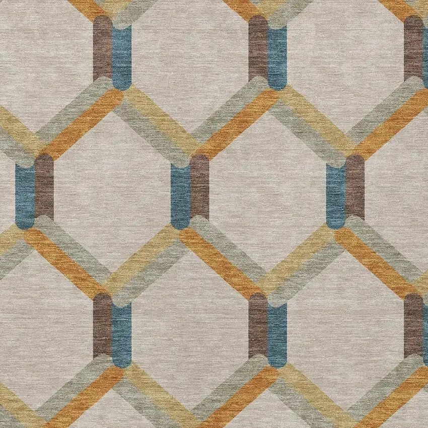 Beige Wheat And Blue Geometric Washable Indoor Outdoor Area Rug Photo 7