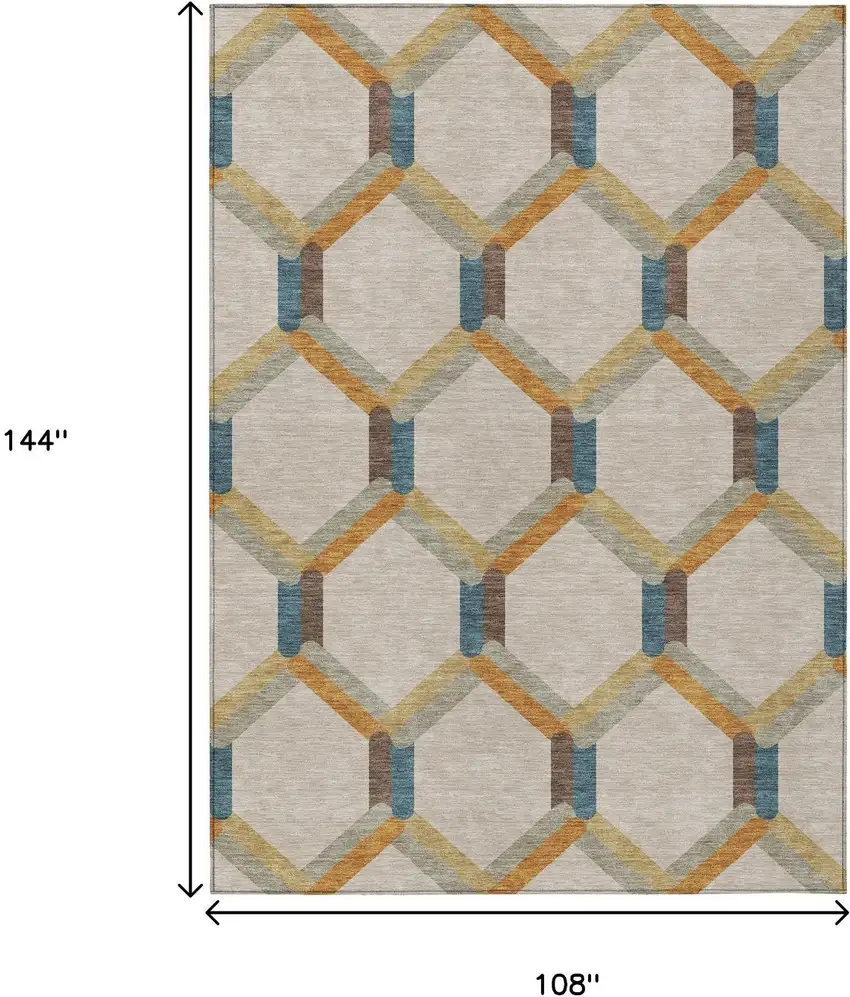 Beige Wheat And Blue Geometric Washable Indoor Outdoor Area Rug Photo 3