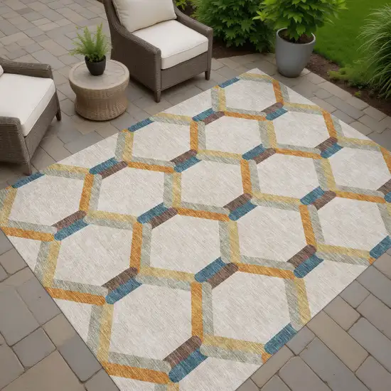 Beige Wheat And Blue Geometric Washable Indoor Outdoor Area Rug Photo 8