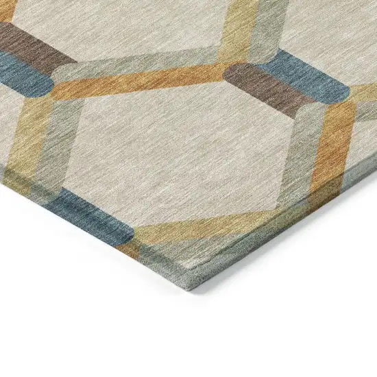 Beige Wheat And Blue Geometric Washable Indoor Outdoor Area Rug Photo 5