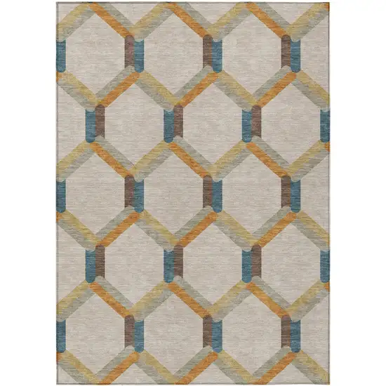 Beige Wheat And Blue Geometric Washable Indoor Outdoor Area Rug Photo 2