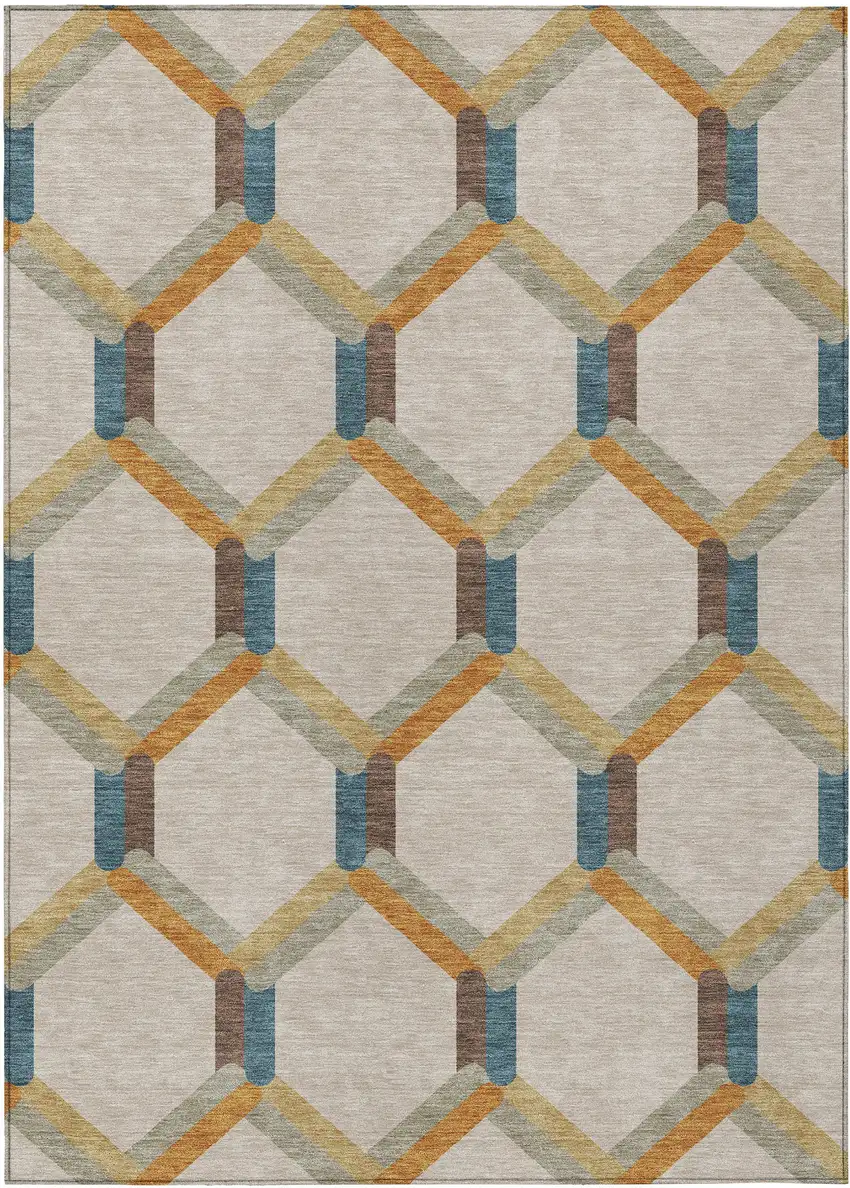 Beige Wheat And Blue Geometric Washable Indoor Outdoor Area Rug Photo 2