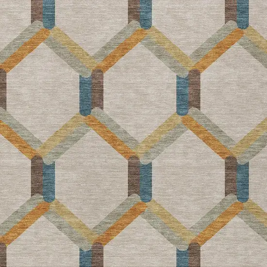 Beige Wheat And Blue Geometric Washable Indoor Outdoor Area Rug Photo 7