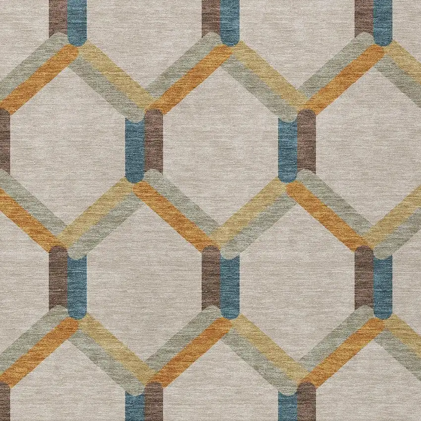 Beige Wheat And Blue Geometric Washable Indoor Outdoor Area Rug Photo 7