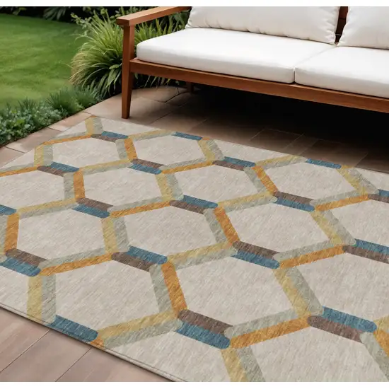 Beige Wheat And Blue Geometric Washable Indoor Outdoor Area Rug Photo 1