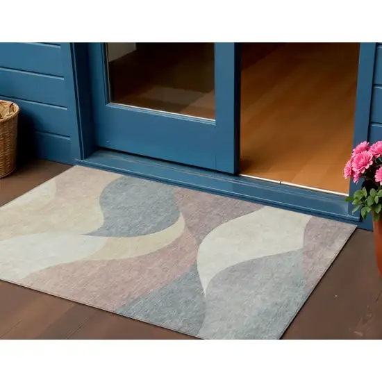 Beige Wheat And Copper Abstract Washable Indoor Outdoor Area Rug Photo 2