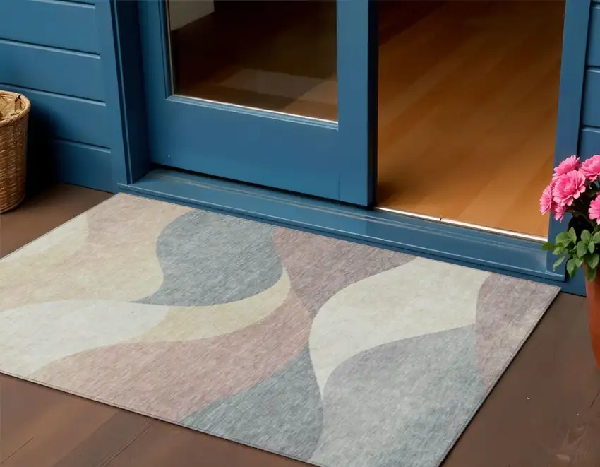 Beige Wheat And Copper Abstract Washable Indoor Outdoor Area Rug Photo 2