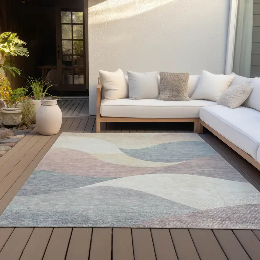 Beige Wheat And Copper Abstract Washable Indoor Outdoor Area Rug Photo 8