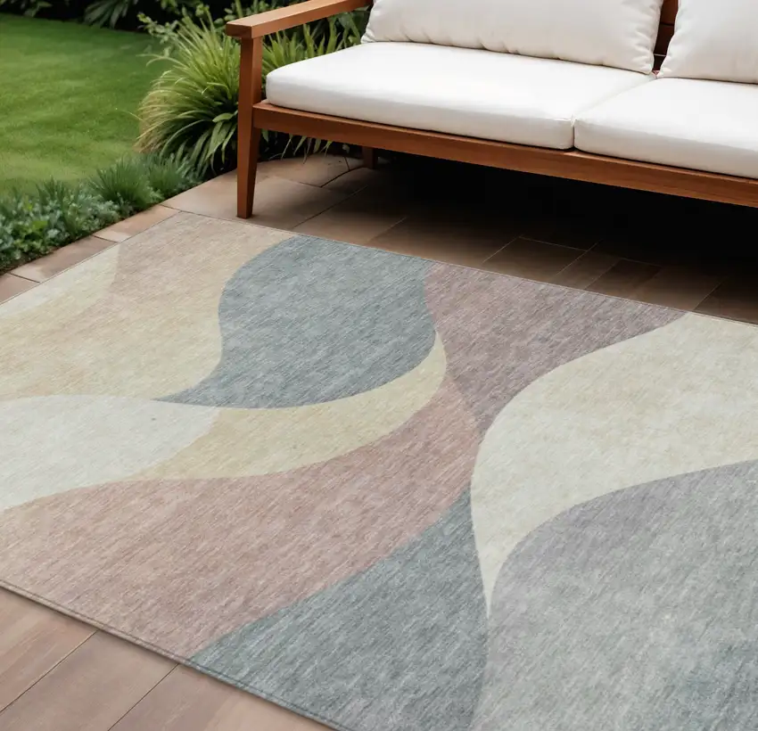 Beige Wheat And Copper Abstract Washable Indoor Outdoor Area Rug Photo 2