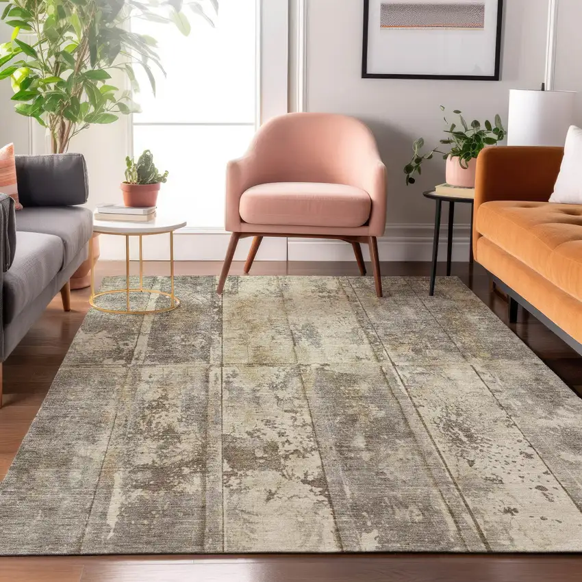 Beige Wheat And Taupe Striped Washable Area Rug With UV Protection Photo 1