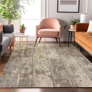 Photo of Beige Wheat And Taupe Striped Washable Area Rug With UV Protection