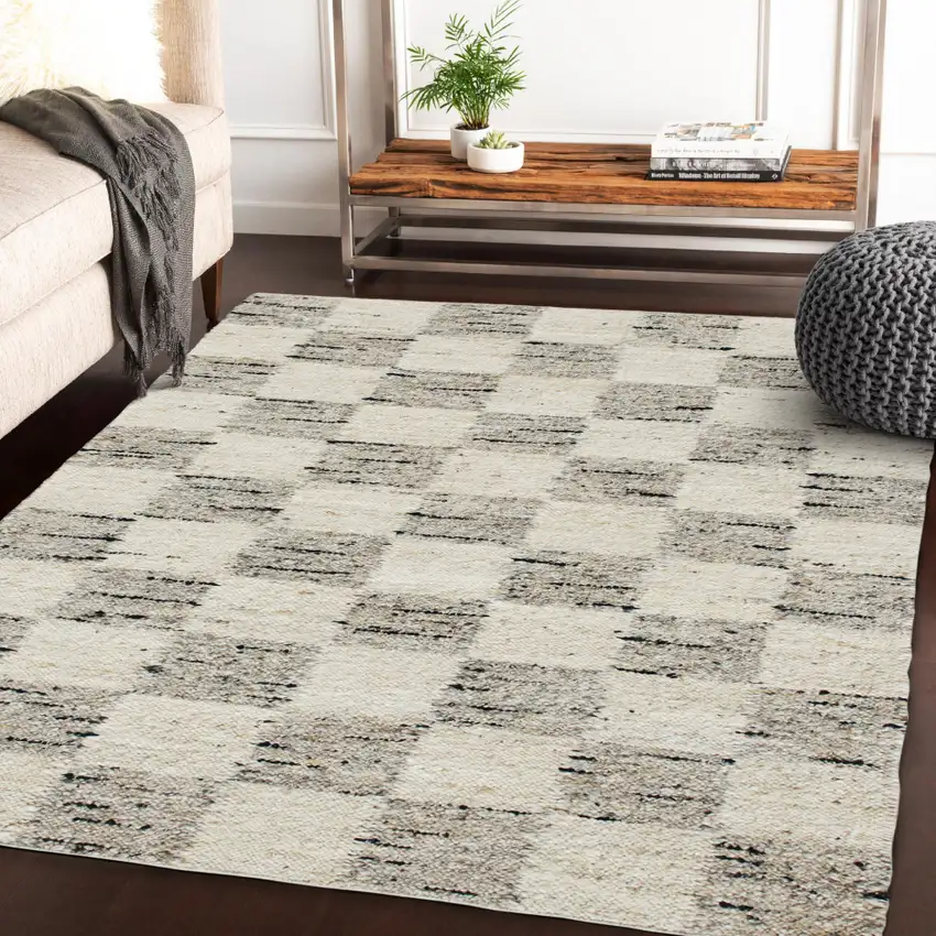 Beige Wool Checkered Hand Woven Area Rug Photo 5
