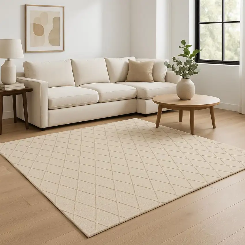 Beige Wool Geometric Hand Woven Area Rug Photo 1