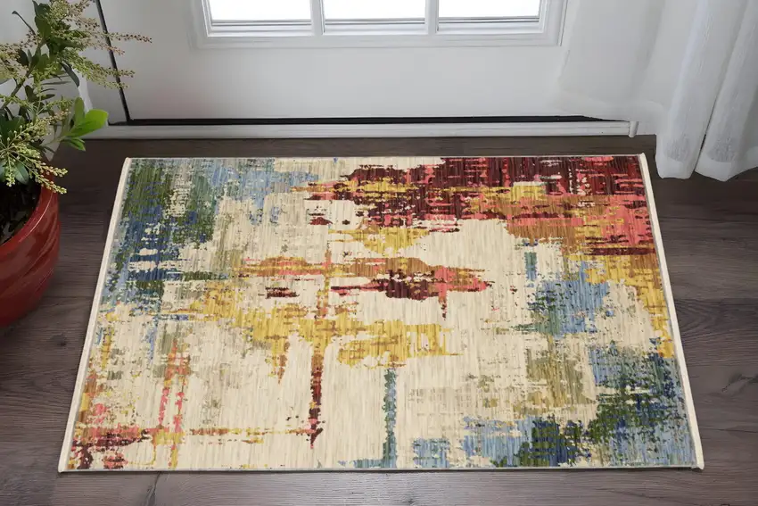 Beige Yellow And Orange Abstract Area Rug With Fringe Photo 1