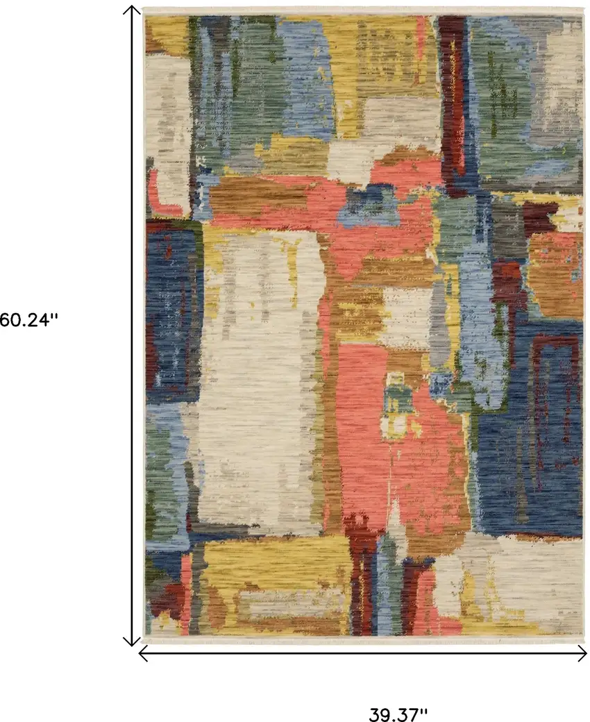 Beige Yellow And Pink Abstract Area Rug With Fringe Photo 3