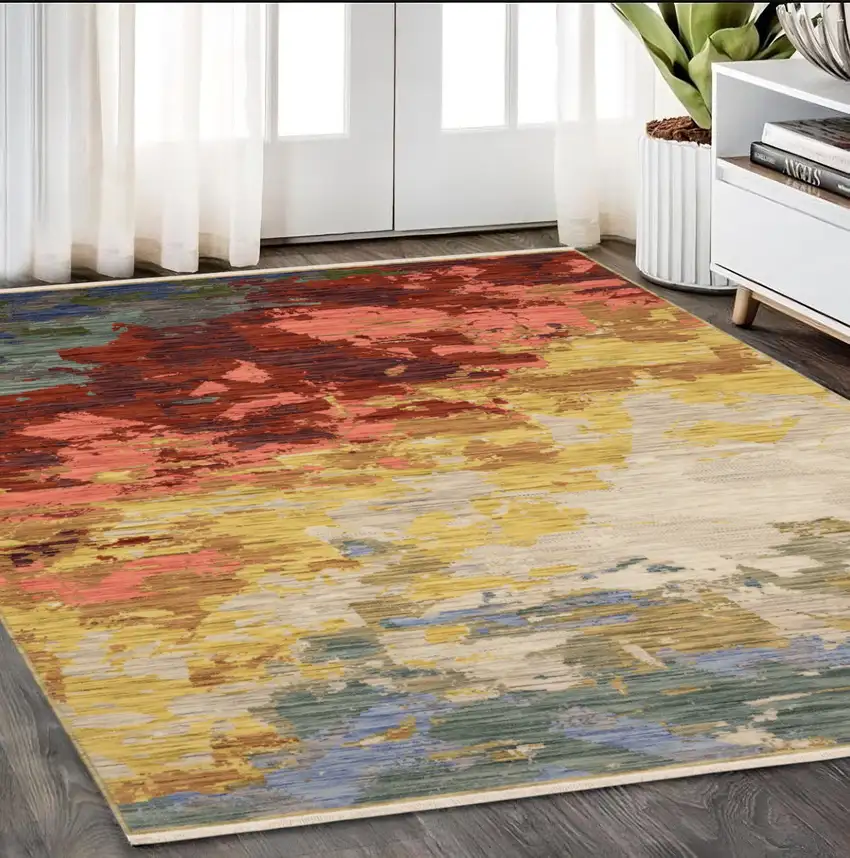 Beige Yellow And Rust Abstract Area Rug With Fringe Photo 1