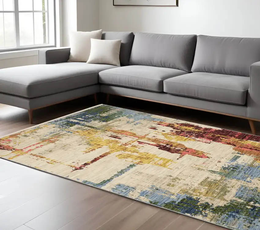 Beige Yellow And Rust Abstract Area Rug With Fringe Photo 1
