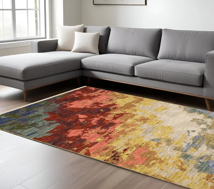 Beige Yellow And Rust Abstract Area Rug With Fringe Photo 1