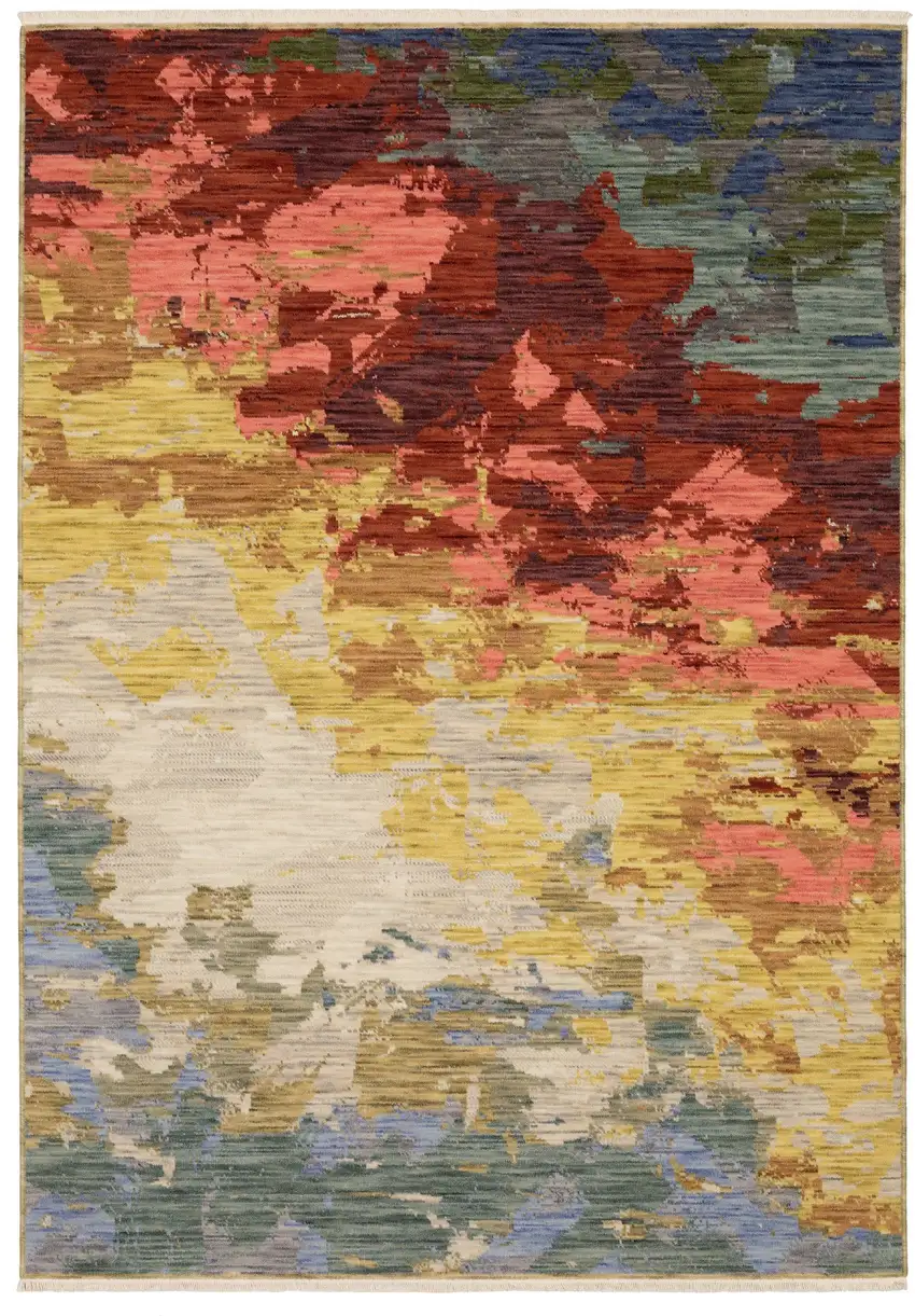 Beige Yellow And Rust Abstract Area Rug With Fringe Photo 7