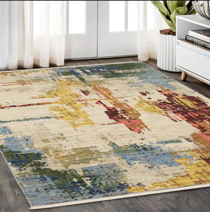 Beige Yellow And Salmon Abstract Area Rug With Fringe Photo 1