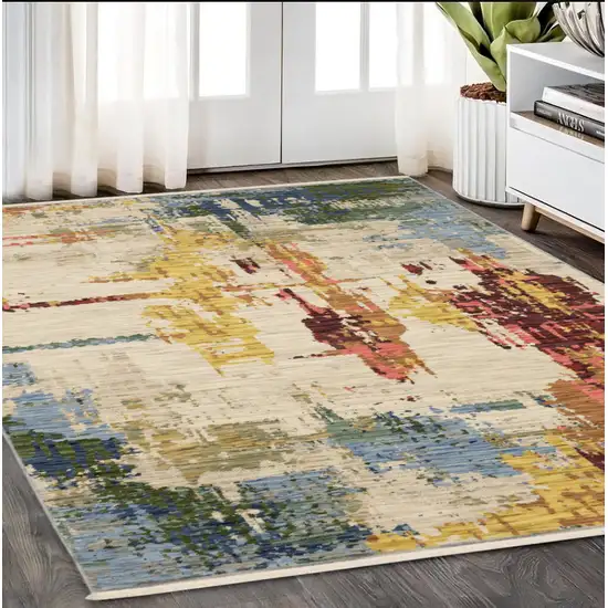 Beige Yellow And Salmon Abstract Area Rug With Fringe Photo 1
