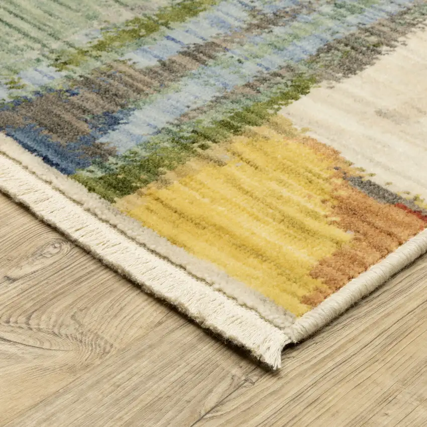 Beige Yellow And Salmon Abstract Area Rug With Fringe Photo 9