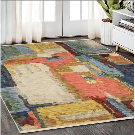 Beige Yellow And Salmon Abstract Area Rug With Fringe Photo 1