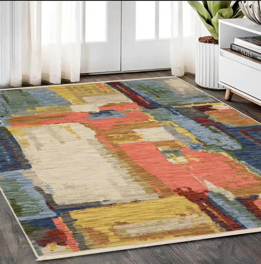 Beige Yellow And Salmon Abstract Area Rug With Fringe Photo 1
