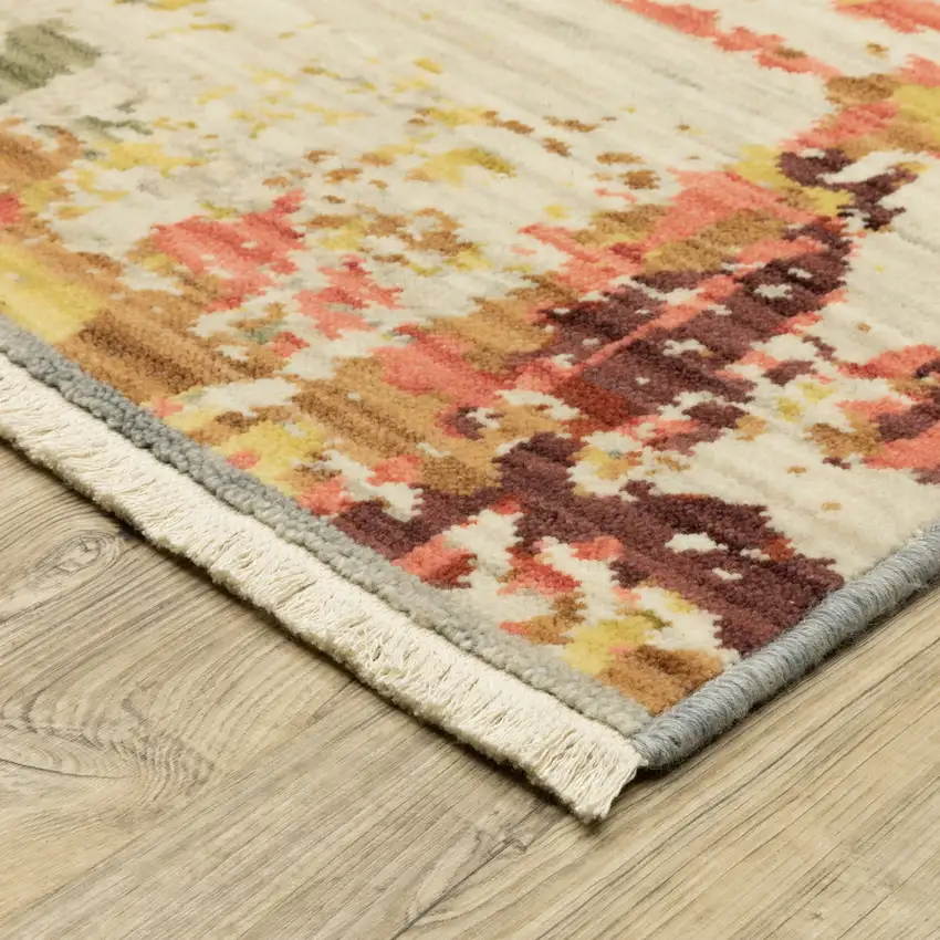 Beige Yellow And Salmon Abstract Area Rug With Fringe Photo 9