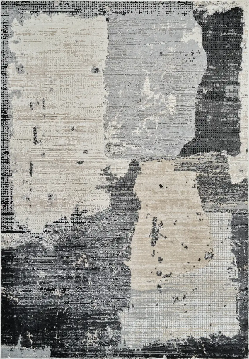 Beige and Black Abstract Distressed Area Rug Photo 2