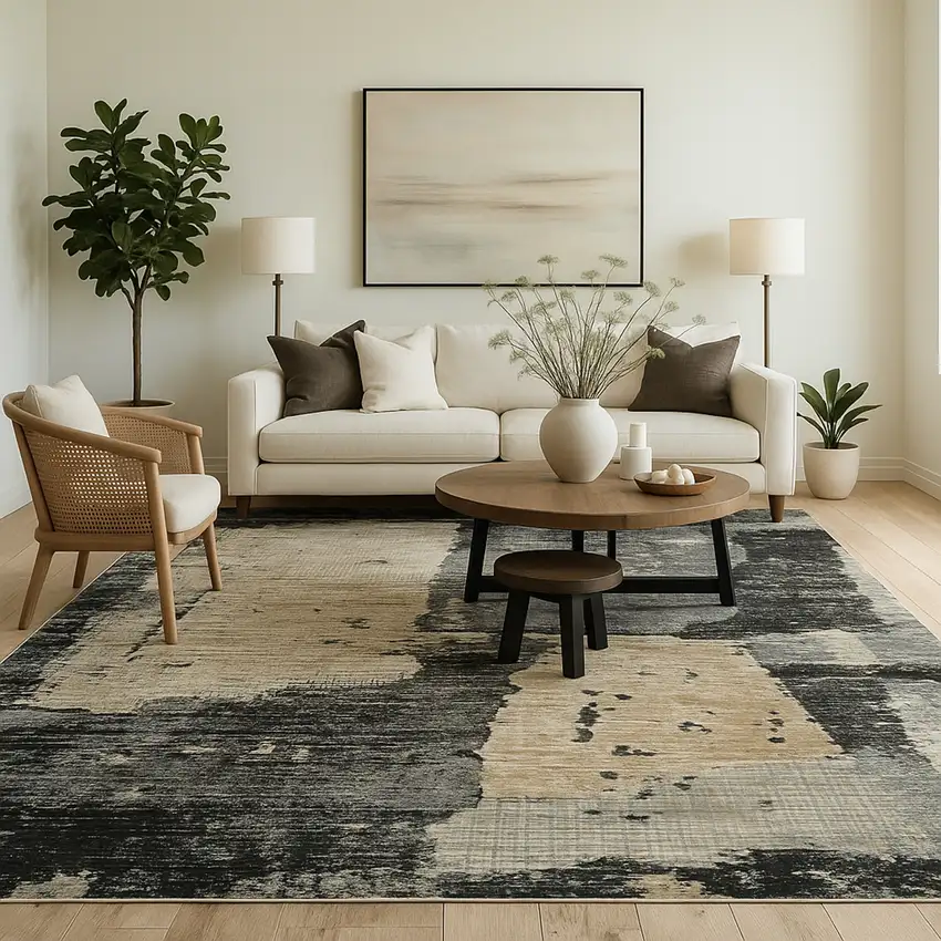 Beige and Black Abstract Distressed Area Rug Photo 7