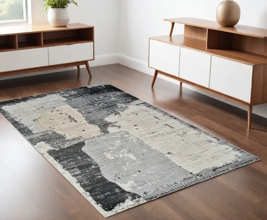 Beige and Black Abstract Distressed Area Rug Photo 1