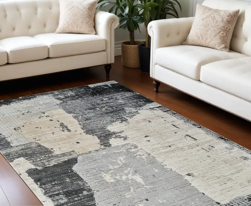 Beige and Black Abstract Distressed Area Rug Photo 1