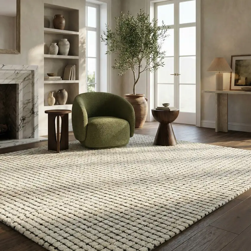 Beige and Black Checkered Power Loom Distressed Area Rug Photo 7