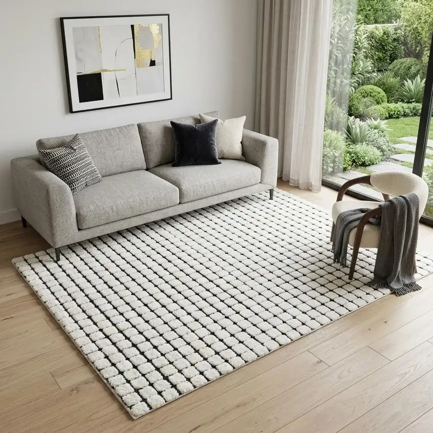 Beige and Black Checkered Power Loom Distressed Area Rug Photo 1