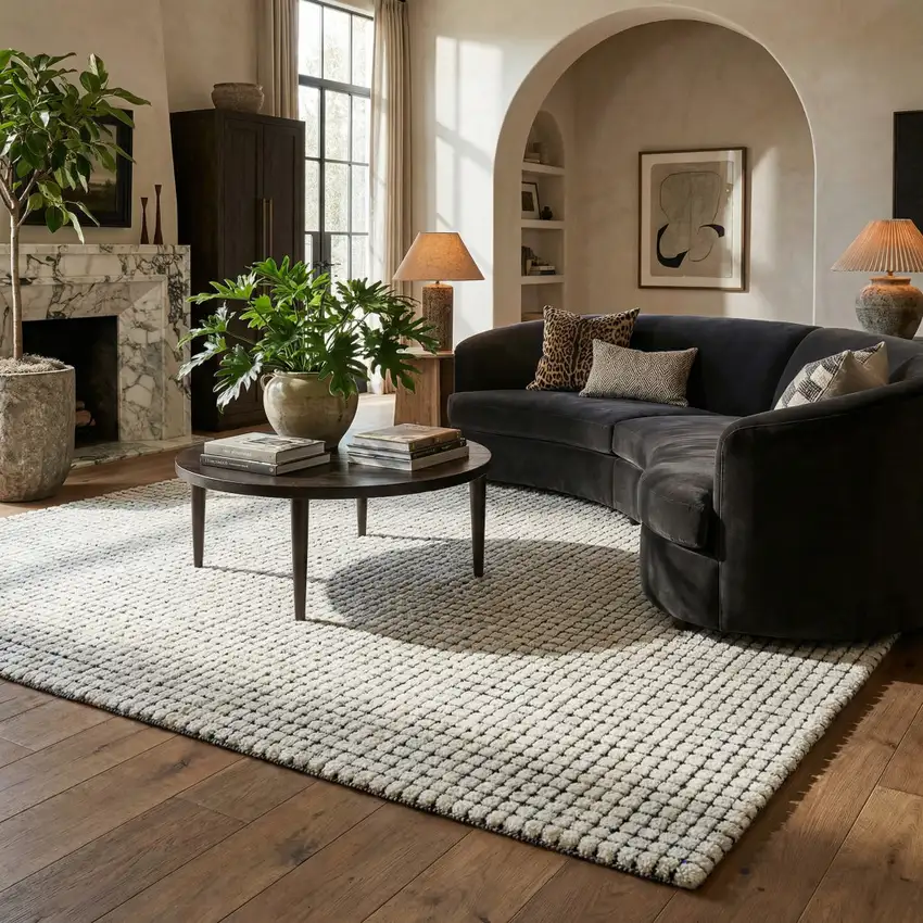 Beige and Black Checkered Power Loom Distressed Area Rug Photo 5