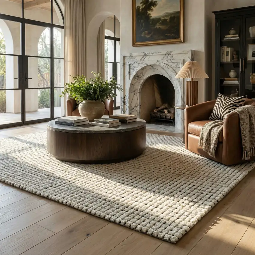 Beige and Black Checkered Power Loom Distressed Area Rug Photo 8