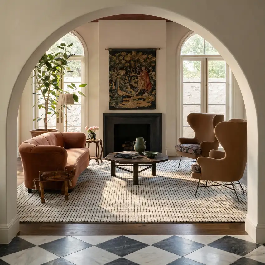 Beige and Black Checkered Power Loom Distressed Area Rug Photo 5