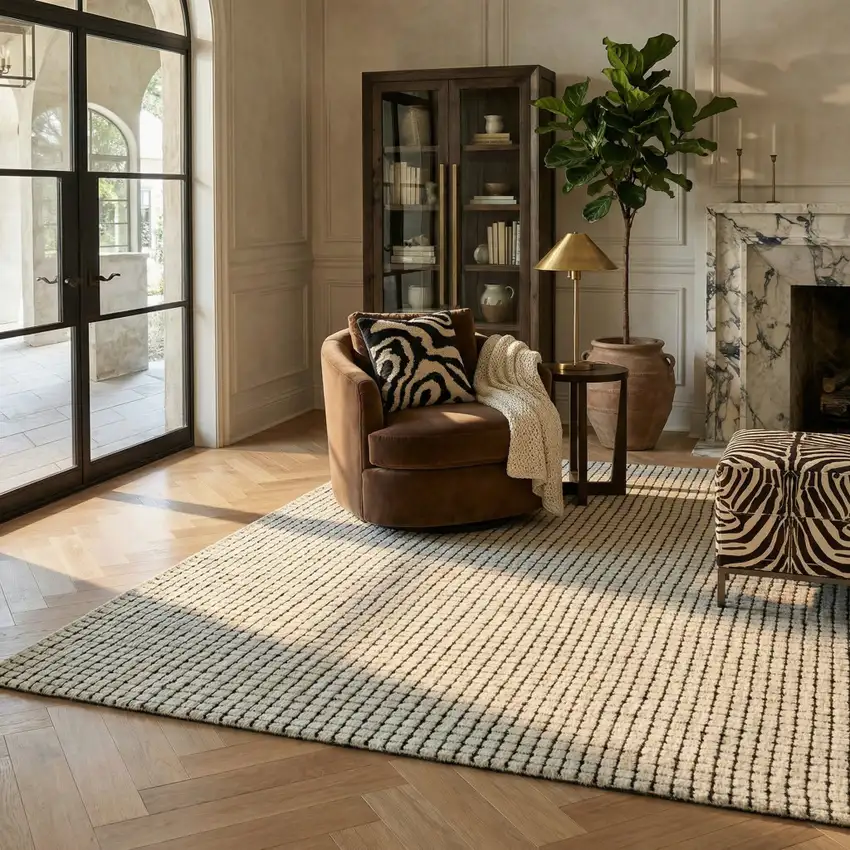 Beige and Black Checkered Power Loom Distressed Area Rug Photo 7