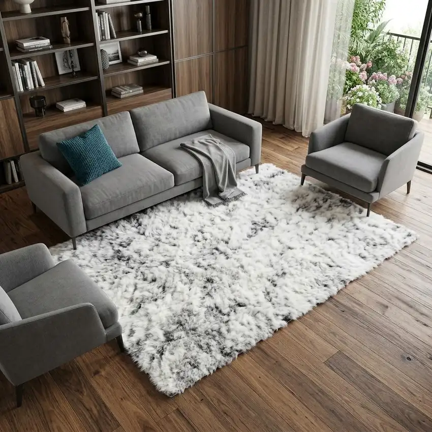 Beige and Black Checkered Power Loom Distressed Area Rug Photo 1