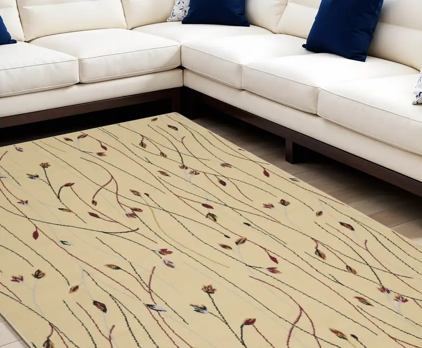 Beige and Black Floral Power Loom Area Rug Photo 1