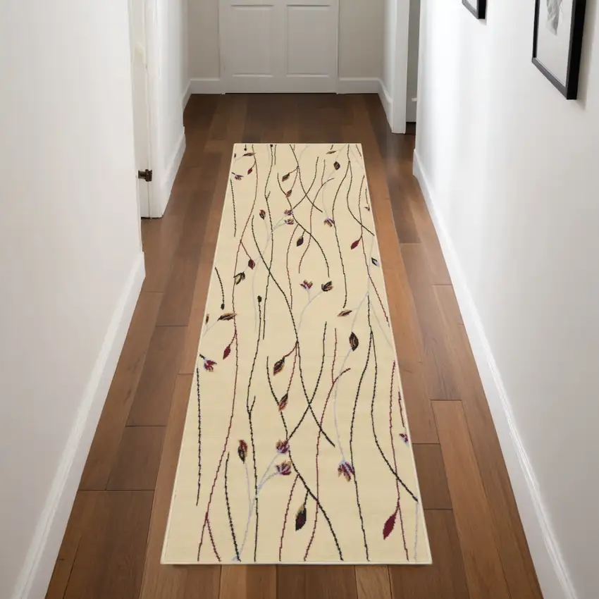 Beige and Black Floral Power Loom Runner Rug Photo 1