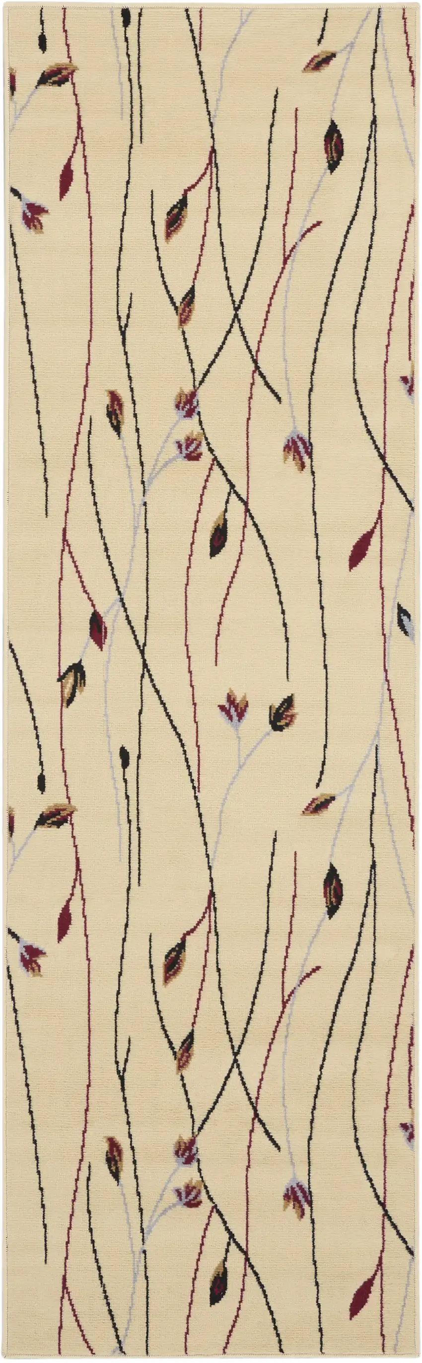 Beige and Black Floral Power Loom Runner Rug Photo 2