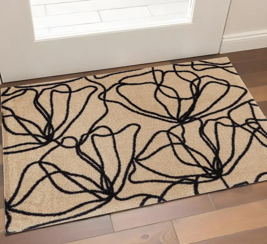 Beige and Black Floral Washable Non Skid Area Rug With UV Protection Photo 1