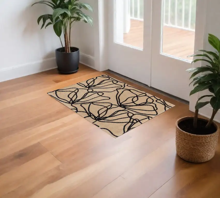 Beige and Black Floral Washable Area Rug With UV Protection Photo 2
