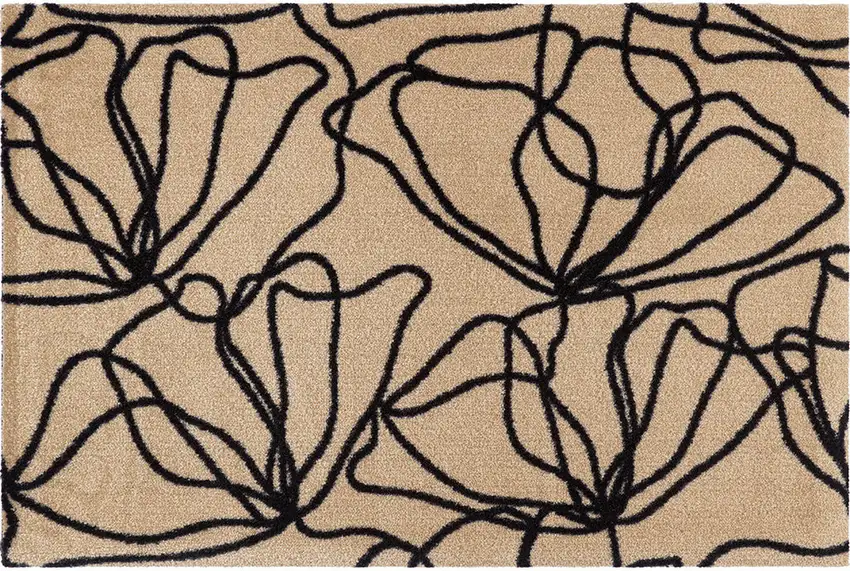 Beige and Black Floral Washable Area Rug With UV Protection Photo 1
