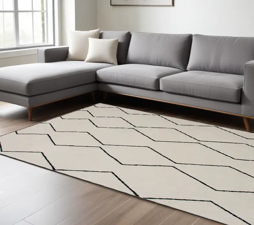 Beige and Black Geometric Power Loom Distressed Area Rug Photo 1