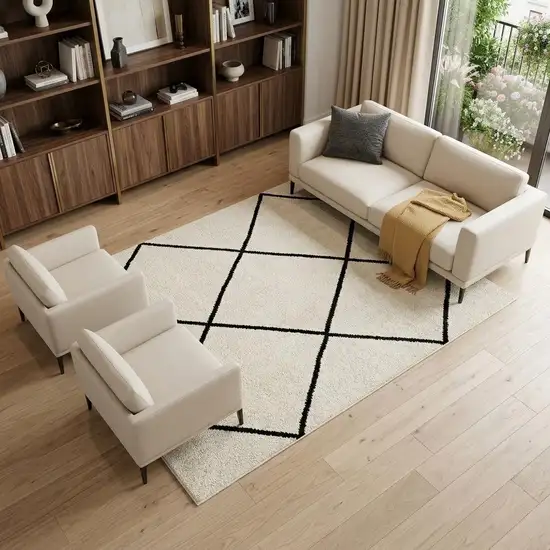 Beige and Black Geometric Power Loom Distressed Non Skid Area Rug Photo 1