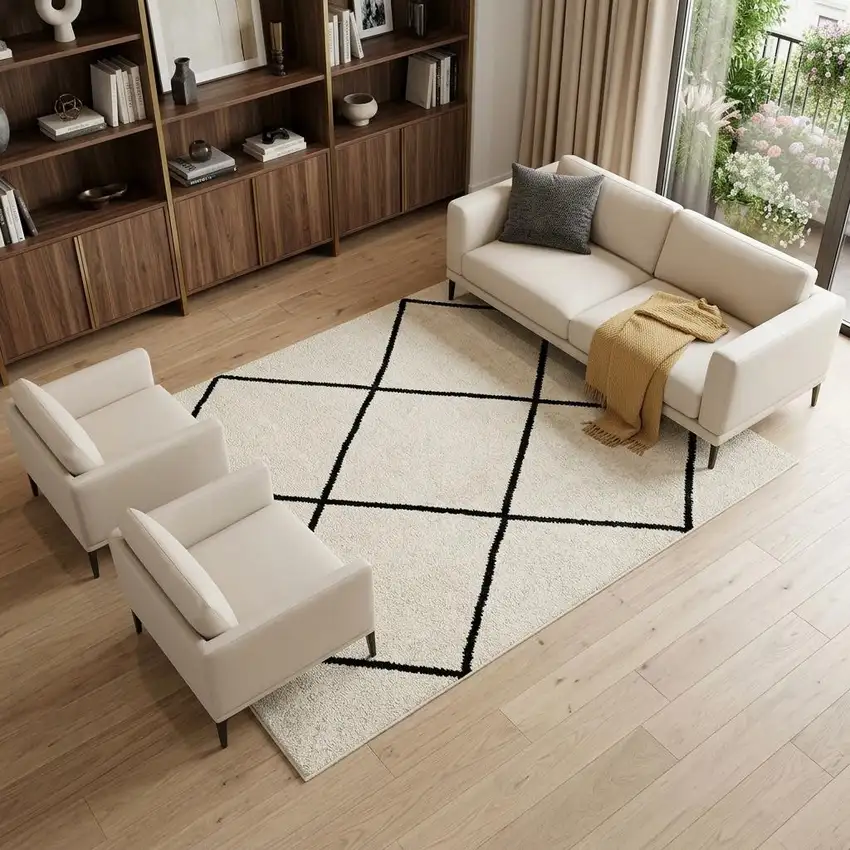 Beige and Black Geometric Power Loom Distressed Non Skid Area Rug Photo 1