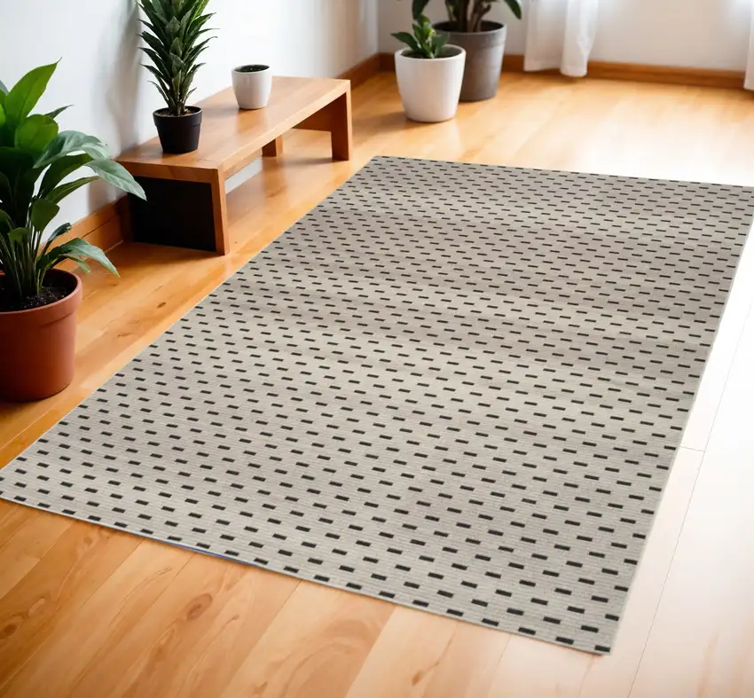 Beige and Black Geometric Power Loom Washable Non Skid Area Rug Photo 1